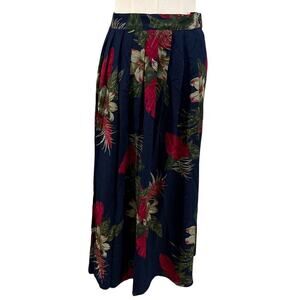 Vintage Alfred Dunner Silk Dark Navy Blue Tropical Floral Midi Skirt Size 12